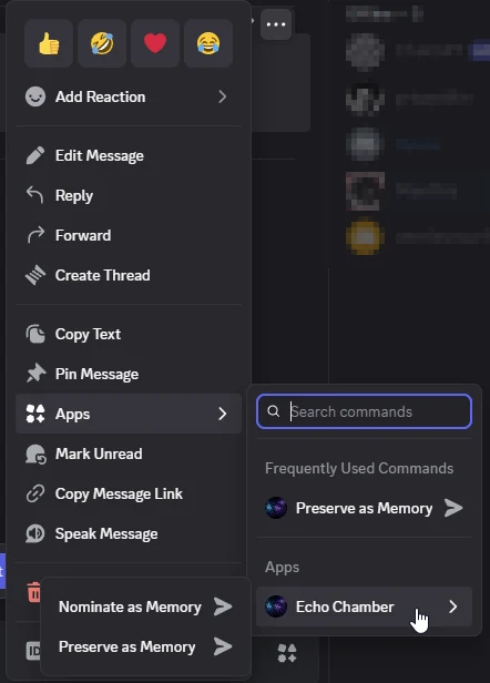 Discord's message menu: Apps, then Echo Chamber, showing Nominate as Memory and Preserve as Memory