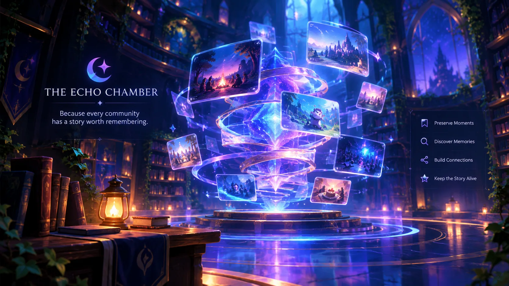 The Echo Chamber: a glowing library where memory cards swirl around a crystal pillar
